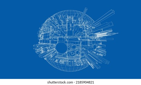 3d city sphere. Vector rendering of 3d. Wire-frame style. The layers of visible and invisible lines are separated