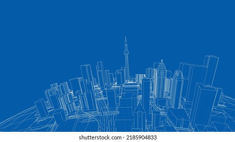 3d City Sphere. Vector Rendering Of 3d. Wire-frame Style. The Layers Of Visible And Invisible Lines Are Separated