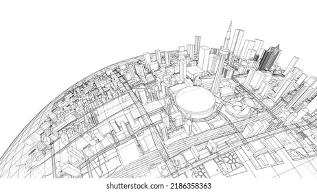 3d city sphere. Vector rendering of 3d. Wire-frame style. The layers of visible and invisible lines are separated