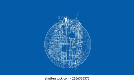 3d city sphere. Vector rendering of 3d. Wire-frame style. The layers of visible and invisible lines are separated