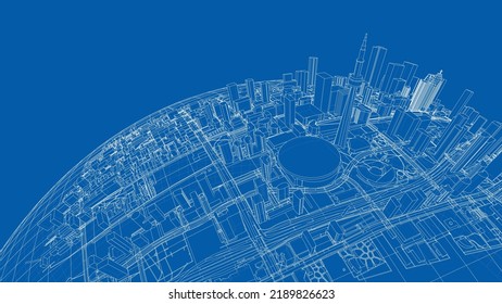 3d city sphere. Vector rendering of 3d. Wire-frame style. The layers of visible and invisible lines are separated