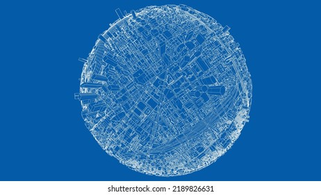3d city sphere. Vector rendering of 3d. Wire-frame style. The layers of visible and invisible lines are separated