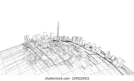 3d city sphere. Vector rendering of 3d. Wire-frame style. The layers of visible and invisible lines are separated