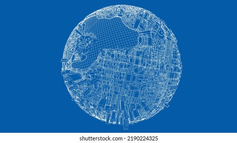 3d city sphere. Vector rendering of 3d. Wire-frame style. The layers of visible and invisible lines are separated