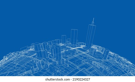 3d city sphere. Vector rendering of 3d. Wire-frame style. The layers of visible and invisible lines are separated