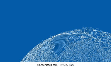 3.ª esfera de la ciudad. Representación vectorial de 3d. Estilo de marco de cables. Las capas de líneas visibles e invisibles están separadas