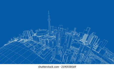 3d city sphere. Vector rendering of 3d. Wire-frame style. The layers of visible and invisible lines are separated