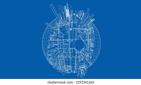 3d city sphere. Vector rendering of 3d. Wire-frame style. The layers of visible and invisible lines are separated