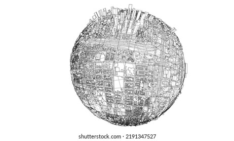3d city sphere. Vector rendering of 3d. Wire-frame style. The layers of visible and invisible lines are separated