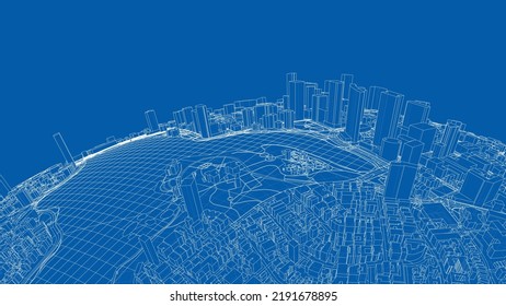 3d city sphere. Vector rendering of 3d. Wire-frame style. The layers of visible and invisible lines are separated