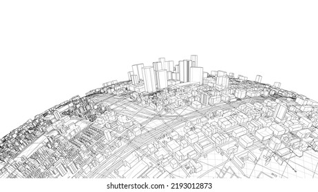 3d city sphere. Vector rendering of 3d. Wire-frame style. The layers of visible and invisible lines are separated