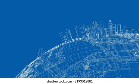 3d city sphere. Vector rendering of 3d. Wire-frame style. The layers of visible and invisible lines are separated