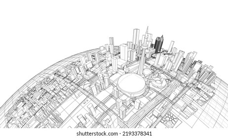 3d city sphere. Vector rendering of 3d. Wire-frame style. The layers of visible and invisible lines are separated