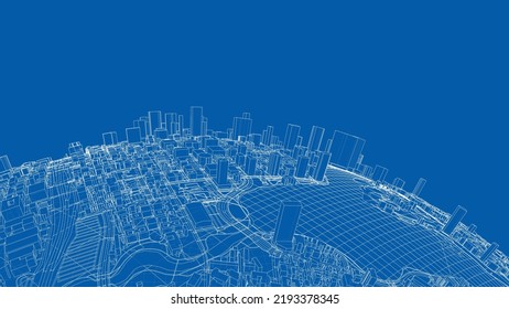 3d Stadtsphäre. Vektorgrafik von 3d. Wire-Frame-Stil. Die Schichten sichtbarer und unsichtbarer Linien sind getrennt