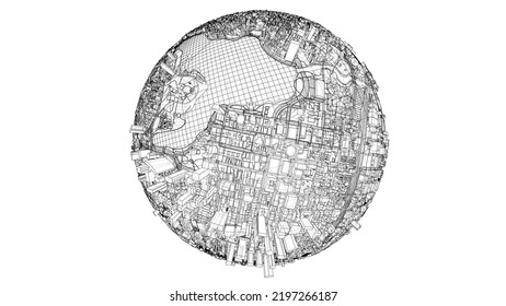 3d city sphere. Vector rendering of 3d. Wire-frame style. The layers of visible and invisible lines are separated