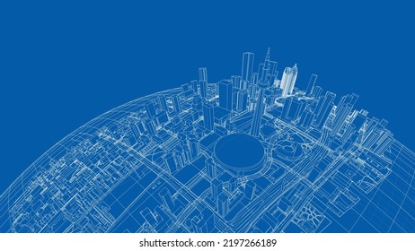 3d Stadtsphäre. Vektorgrafik von 3d. Wire-Frame-Stil. Die Schichten sichtbarer und unsichtbarer Linien sind getrennt