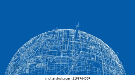 3d city sphere. Vector rendering of 3d. Wire-frame style. The layers of visible and invisible lines are separated