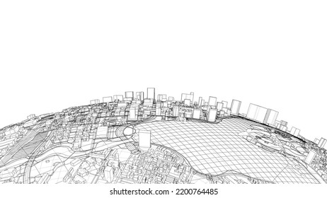 3d city sphere. Vector rendering of 3d. Wire-frame style. The layers of visible and invisible lines are separated