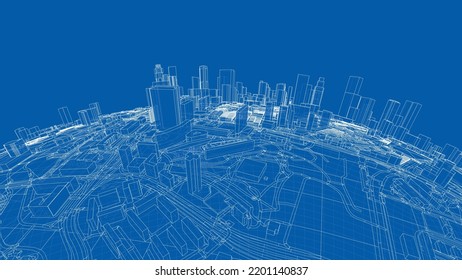 3d city sphere. Vector rendering of 3d. Wire-frame style. The layers of visible and invisible lines are separated