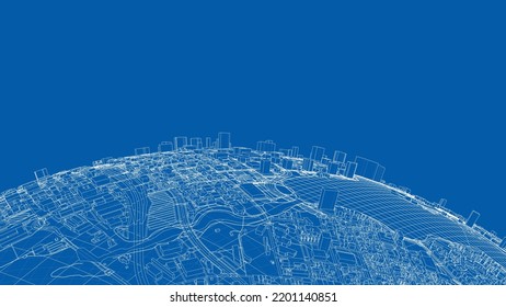 3d city sphere. Vector rendering of 3d. Wire-frame style. The layers of visible and invisible lines are separated