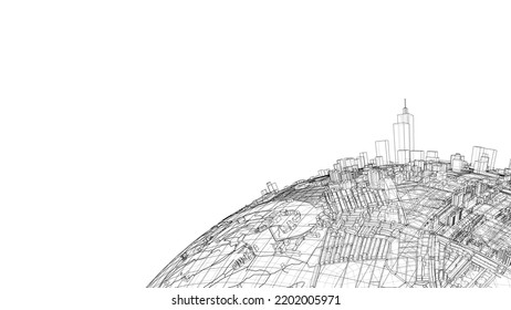 3d city sphere. Vector rendering of 3d. Wire-frame style. The layers of visible and invisible lines are separated