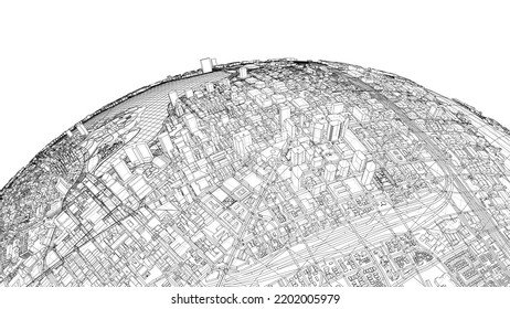3d city sphere. Vector rendering of 3d. Wire-frame style. The layers of visible and invisible lines are separated