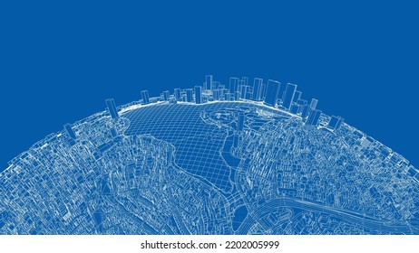 3d city sphere. Vector rendering of 3d. Wire-frame style. The layers of visible and invisible lines are separated