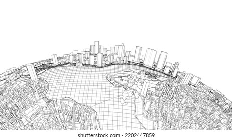 3d city sphere. Vector rendering of 3d. Wire-frame style. The layers of visible and invisible lines are separated
