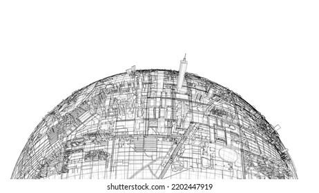 3d city sphere. Vector rendering of 3d. Wire-frame style. The layers of visible and invisible lines are separated