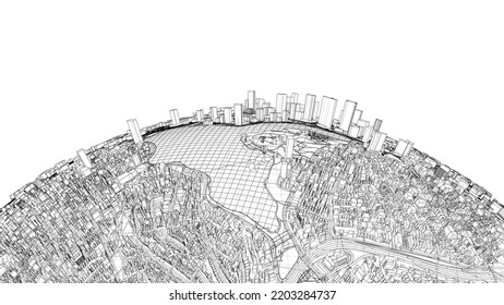 3d city sphere. Vector rendering of 3d. Wire-frame style. The layers of visible and invisible lines are separated