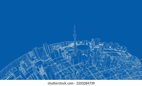 3d city sphere. Vector rendering of 3d. Wire-frame style. The layers of visible and invisible lines are separated
