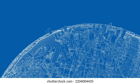 3d city sphere. Vector rendering of 3d. Wire-frame style. The layers of visible and invisible lines are separated