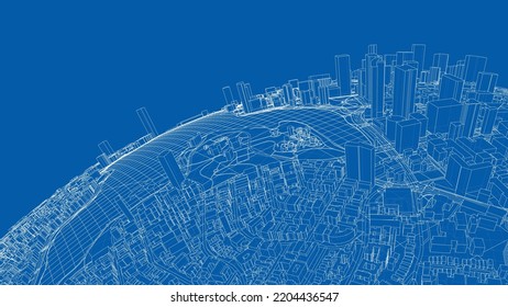 3d city sphere. Vector rendering of 3d. Wire-frame style. The layers of visible and invisible lines are separated