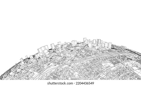 3d city sphere. Vector rendering of 3d. Wire-frame style. The layers of visible and invisible lines are separated