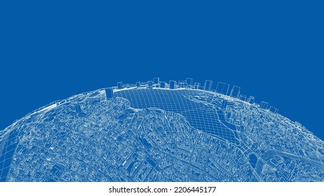 3d city sphere. Vector rendering of 3d. Wire-frame style. The layers of visible and invisible lines are separated