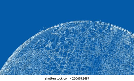 3d City Sphere. Vector Rendering Of 3d. Wire-frame Style. The Layers Of Visible And Invisible Lines Are Separated