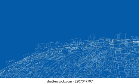 3d Stadtsphäre. Vektorgrafik von 3d. Wire-Frame-Stil. Die Schichten sichtbarer und unsichtbarer Linien sind getrennt