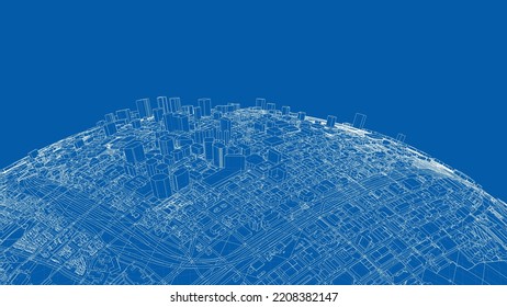 3d city sphere. Vector rendering of 3d. Wire-frame style. The layers of visible and invisible lines are separated