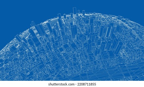 3d city sphere. Vector rendering of 3d. Wire-frame style. The layers of visible and invisible lines are separated