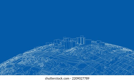 3d city sphere. Vector rendering of 3d. Wire-frame style. The layers of visible and invisible lines are separated