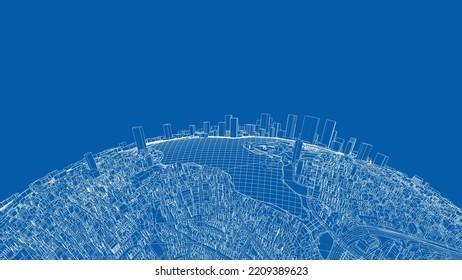 3d city sphere. Vector rendering of 3d. Wire-frame style. The layers of visible and invisible lines are separated