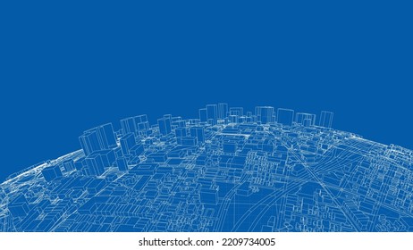 3d Stadtsphäre. Vektorgrafik von 3d. Wire-Frame-Stil. Die Schichten sichtbarer und unsichtbarer Linien sind getrennt