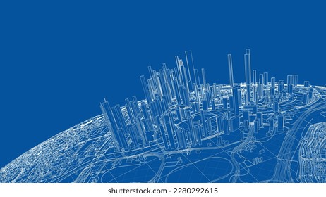 3d city sphere. Vector rendering of 3d. Wire-frame style. The layers of visible and invisible lines are separated