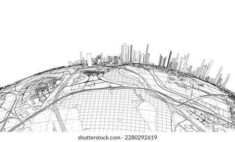 3d city sphere. Vector rendering of 3d. Wire-frame style. The layers of visible and invisible lines are separated