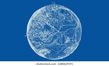 3d city sphere. Vector rendering of 3d. Wire-frame style. The layers of visible and invisible lines are separated