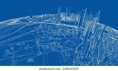 3d city sphere. Vector rendering of 3d. Wire-frame style. The layers of visible and invisible lines are separated