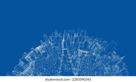 3.ª esfera de la ciudad. Representación vectorial de 3d. Estilo de marco de cables. Las capas de líneas visibles e invisibles están separadas