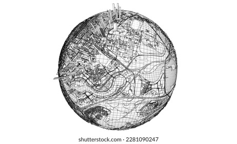 3d city sphere. Vector rendering of 3d. Wire-frame style. The layers of visible and invisible lines are separated