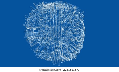 3d city sphere. Vector rendering of 3d. Wire-frame style. The layers of visible and invisible lines are separated