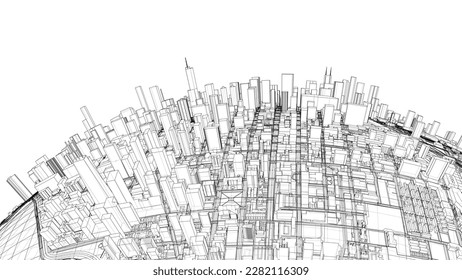 3d city sphere. Vector rendering of 3d. Wire-frame style. The layers of visible and invisible lines are separated